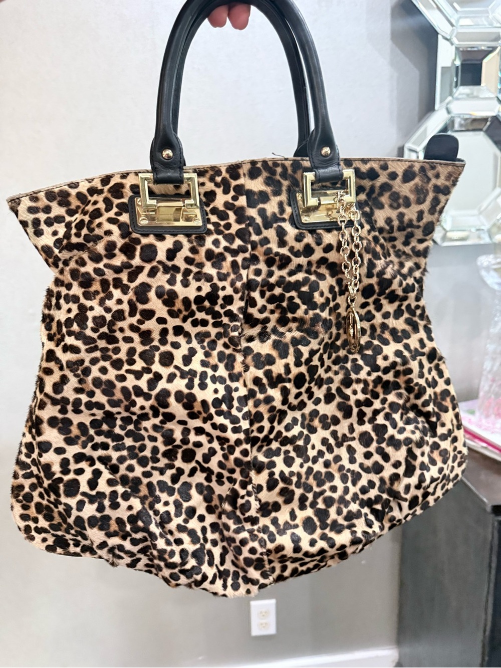 Charles Jourdan Leopard Print Tote with Black Handles and Gold Hardware